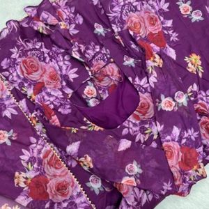 Purple Printed Anarkali Suit Set