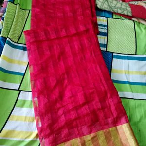 Cotton Red Saree With Golden Border