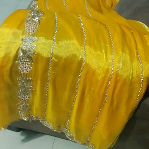 Beautiful hand work yellow saree