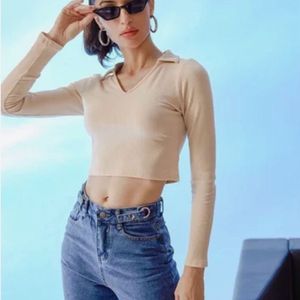 Urbanic Beige Ribbed Crop Top