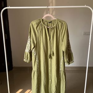 Floral Olive Embroidered Cotton Midi Shirt Dress