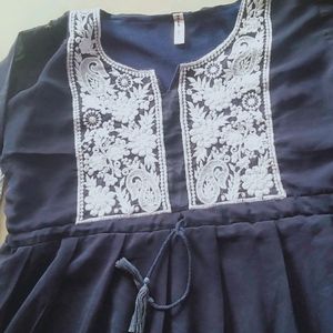 Blue Chikenkari Frock With Adjustable Dori