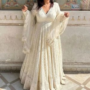 White Chickenkari Gown With Dupatta