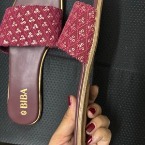 Biba (New) Maroon Embellished Open Toe Flats