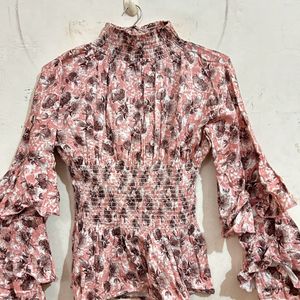 Peach Floral High Neck Long Sleeves Top- Freesize