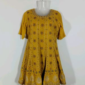 Mustard Yellow Embroidered Kurta Skirt Set(women)