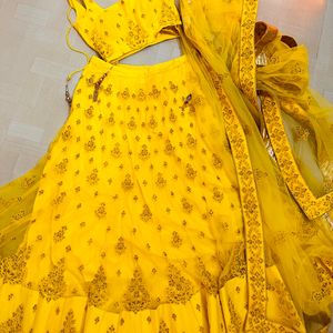 Yellow Net Lehnga For Haldi Ready