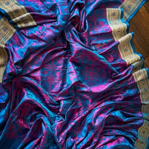 100% Pure Triple Tone Himroo Jamavar Silk Saree