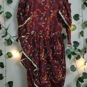 Maroon Colour Printed Wrap Dress With Multi Layer