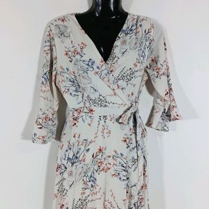 White Printed Wraparound Casual Dress (Women)