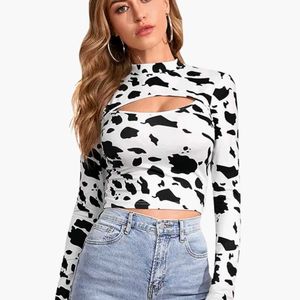 Cow Print Neck Cut Out Top