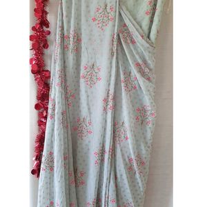 Sage Floral Foil Pre- Stitched Saree