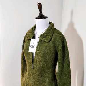 Knitted Zipper Cardigan with Polo Neck & Buttons