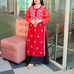 Red Mirror Work Chikankari Kurti