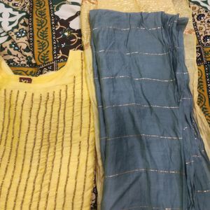 Yellow Kurtha Set With Grey Chunni Like Nw