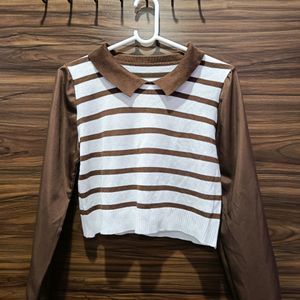 Korean Brown & White Collared Top