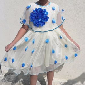 Off white and sky blue knee length frock for girls