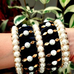 Black Velvet White Pearl Trending Bangles Set Of 5