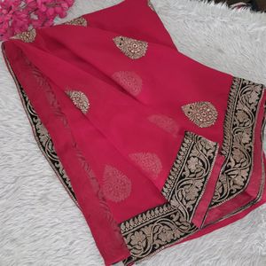 Red With Black & Gold Laced Saree(women's)