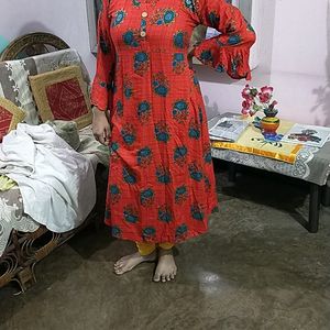 Red Flower Printed Dailywear Anarkali Kurta