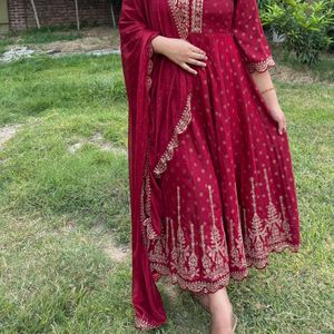 Maroon Anarkali Suit With Dupatta Pant