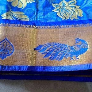 Banarasi Silk Blend Saree(Blue And Gold)