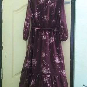 Wine Color Floral Print Long Dress