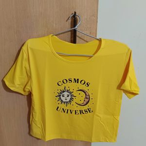 New Women Round Neck Polyester Yellow T-Shirt