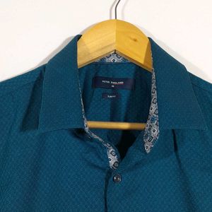 Teal Blue Printed Shir For Men's