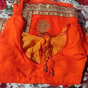 Stone Jari Work Orange Havy Saree