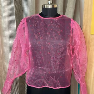 Pink Sheer Top With Puffy Sleeve