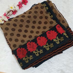 Georgett  Brown Saree With Red Floral Border