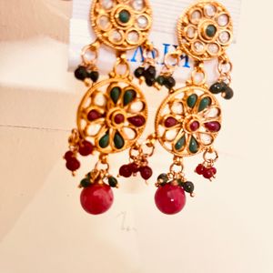 Best Quality Kundan On brass earrings, maroon, green and white colour, combo Jaipuri style earrings