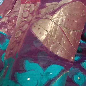 New Purple Saree Gold Border With Work