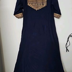 A LineRayon Cloth Navy Blue With Gold Printed Kur