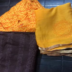 Orange& Brown Stitched Kurti Vth Pant Shawl