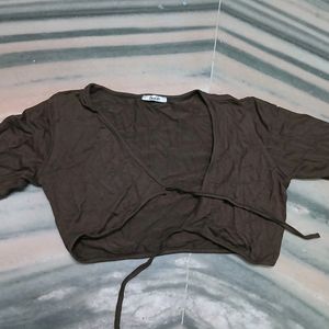 Brown Crop Tie Up Shrug, Xs Size