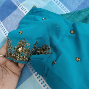 Teal Heavy Embroidery Saree With Blouse