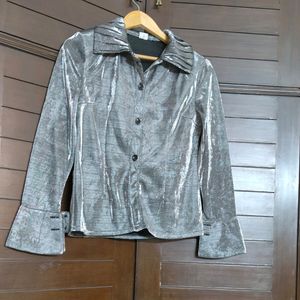 Women Partywear Silver Shinny Casual Shirt