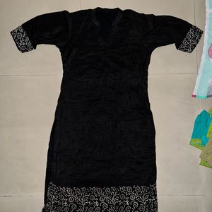 Stand Collar Black Kurti With White Print