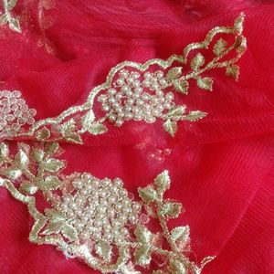 New Red Duppata With Gold Embroidery And Cut Work