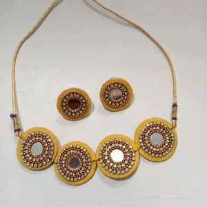 Yellow Fabric Mirror Choker Necklace With Earrings