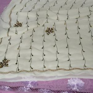 Cream Embroidered Saree