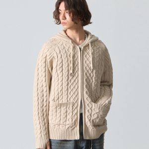 2WAY HEAVY WEIGHT CABLE KNIT HOODED ZIP-UP