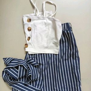 Co-ord Set Of White Top And Striped Shorts