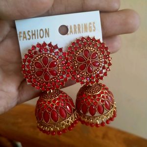 Beautiful Golden Jhumka With Red Diamonds