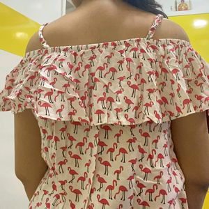 Flamingo Print White Off Shoulder Top! Just Fab!