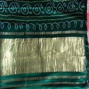 Bottle Green Silk Satin Bandhini With Zari Palu