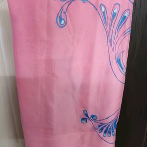 Pink With Blue Fabric Work Synthetic Saree