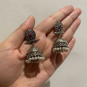 Silver Oxidised Stone Detailing Jhumkas